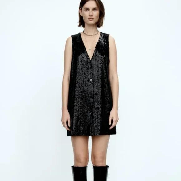 Zara Sparkly Vest Mini Dress Black NWT - Picture 2 of 5